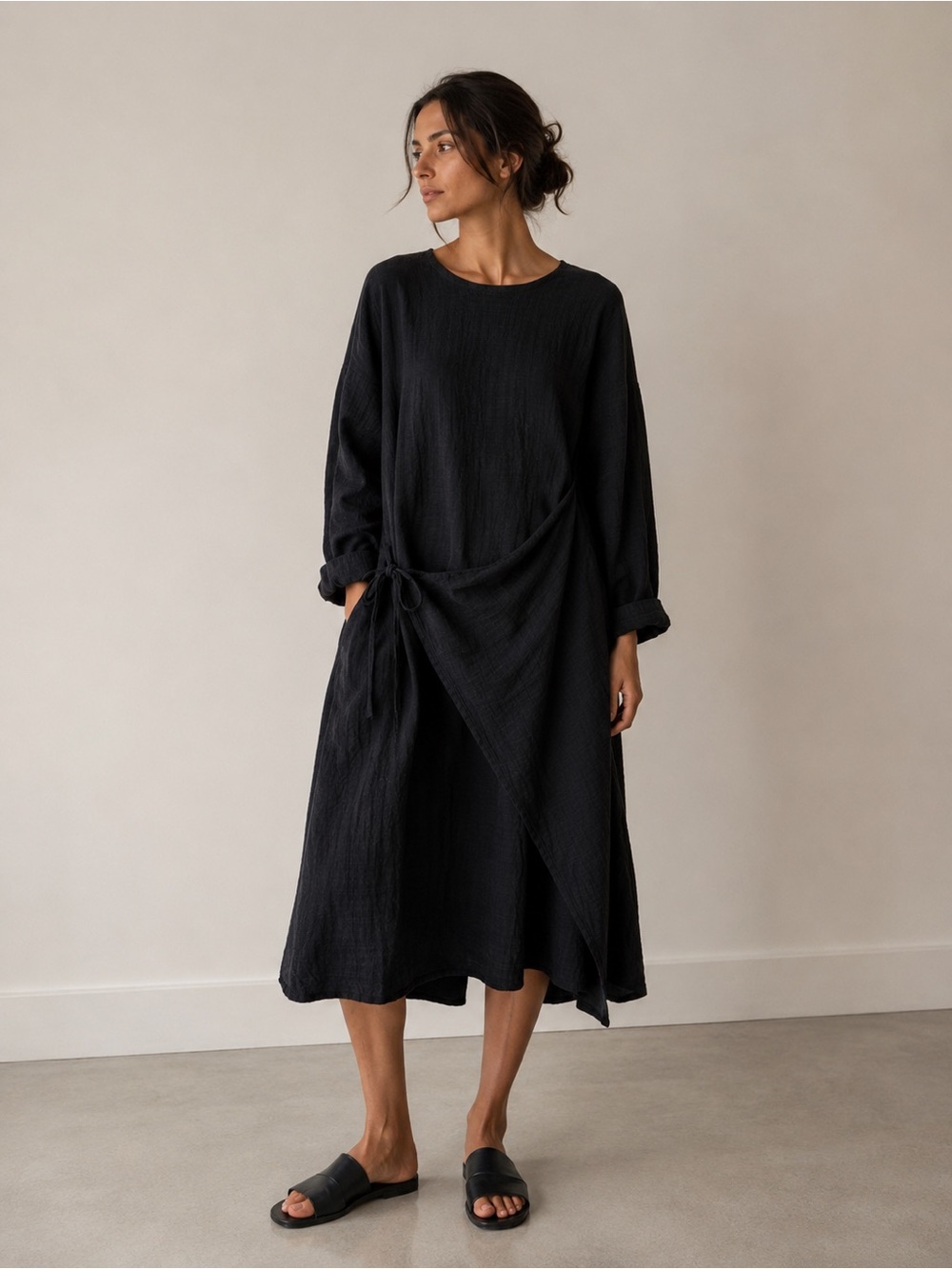 OLIVE Black Tie Waist Tunic Dress 100% Cotton Oversized Relaxed Fit Size L